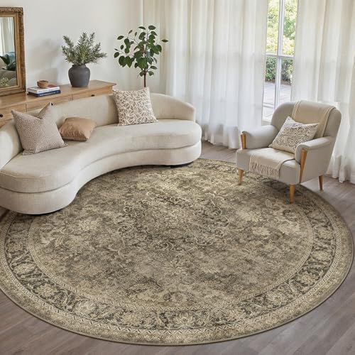 8x8 Washable Round Rug Brown Vintage Living Room Bedroom Low Pile Large Traditional Circle Area Rug Non Slip Retro Distressed Soft Thin Accent Throw Rug for Entryway Dining Room