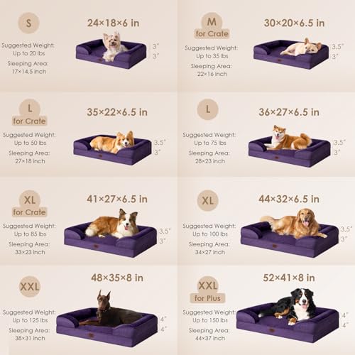 Image of EHEYCIGA Orthopedic Dog Bed for Large Dogs, Waterproof Memory Foam With Sides, Non-Slip Bottom, Egg-Crate Foam Couch, Washable Removable Cover, Purple