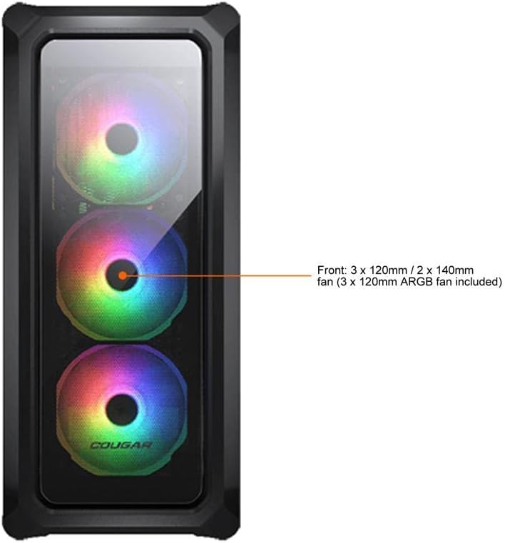 ด้านหน้า view of COUGAR Archon 2 RGB case with fan size specifications