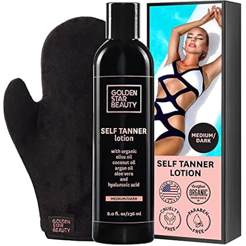 Organic Self Tanning Lotion for Natural Looking Tan-Fake Tan-Best Sunless Tanning Lotion for Bronze Skin-Best Self Tanners for Face and Body-with Tanning Mitt Cover
