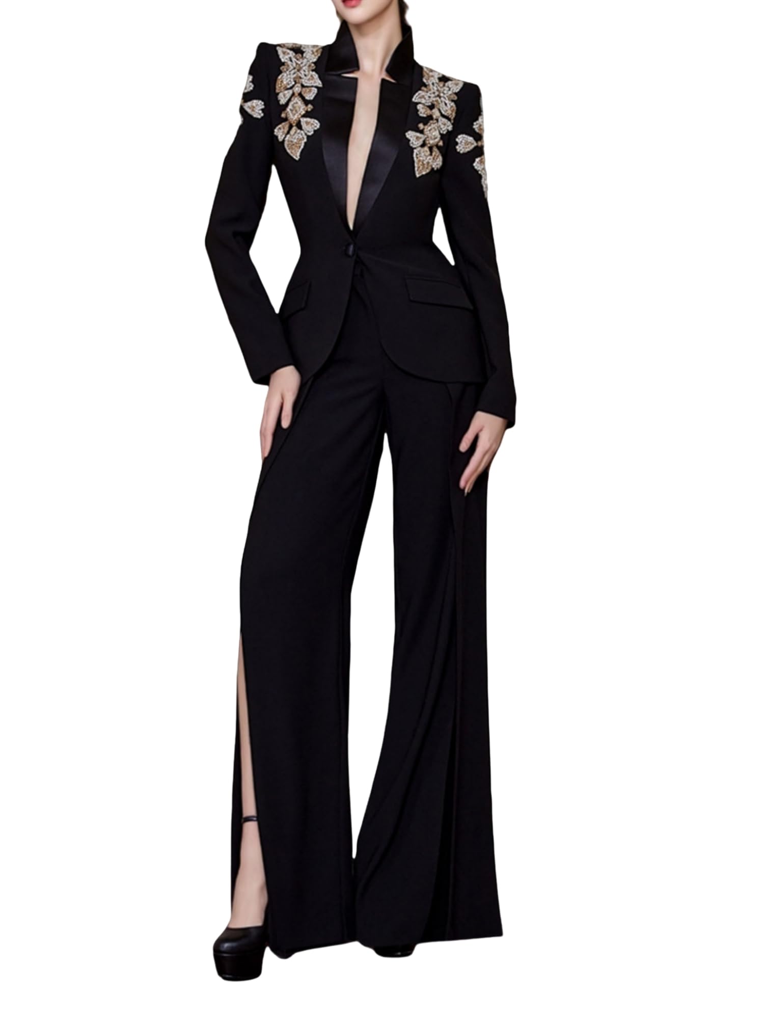 Womens 2025 Designer Suit Women Beaded Diamonds Stand Collar Single Button Blazer Wide-Leg Pants Set 2PCS