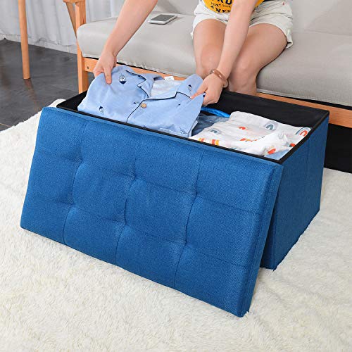 WoneNice Linen Folding Storage Ottoman Bench, Storage Chest Footrest Padded Seat, 30 x 15 x 15 Inches (Linen Navy) - Thumbnail 6