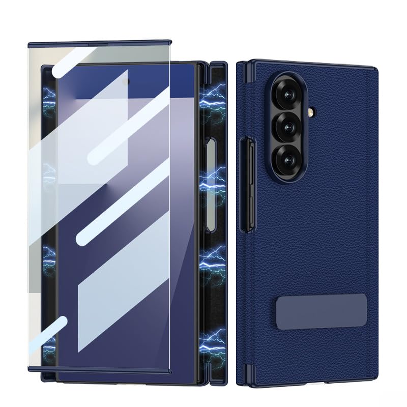– Folding Case for Samsung Galaxy Z TriFold, Dual Hinge Magnetic Leather Case with 270° Rotating Stand, Shell-Film Integrated Cover, Stylus Pen (Blue,With Film)