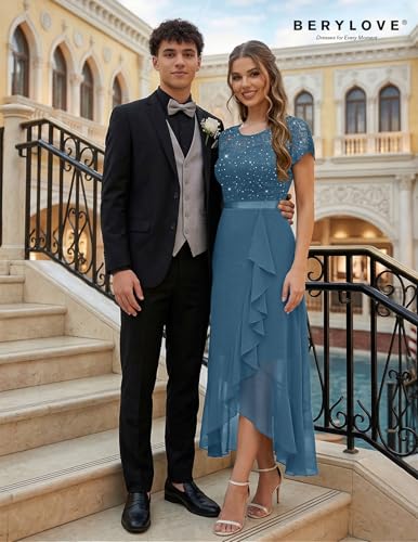 Image of BeryLove Formal Long Dresses for Women Wedding Guest Cocktail Bridesmaid | Airy Lace & Chiffon Evening Gown, Flutter Sleeve, Ideal for Mother of the Bride, Prom, Homecoming Party & Semi-Foraml Events
