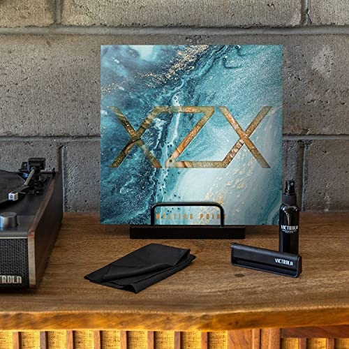 Image of Victrola 'The Kit' - A Vinyl Record Cleaning Kit, Doubles as a Record Stand, Includes Anti-Static Brush, Cleaning Solution, Cloth, Espresso Wood Finish Stand with Smart Black Metal Accents