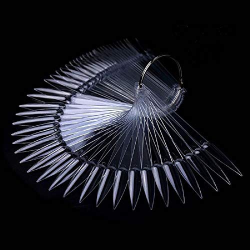 2 Sets 100 Tips Fan Shape Plastic Nail Art Tips Display Polish Board Display Practice Sticks with Metal Split Ring Holder (Clear Color)