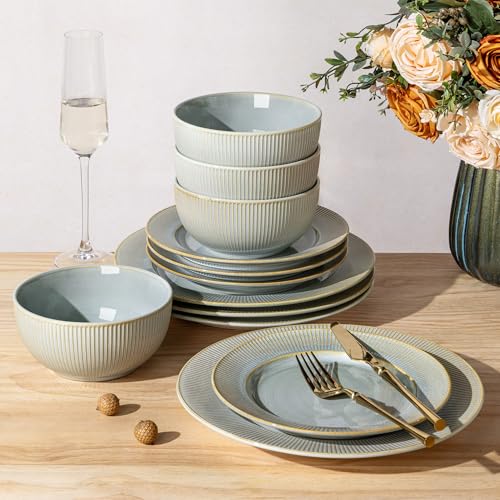 Image of TheTerra Stoneware Dinnerware Sets for 4, 12 Pieces Ceramic Plates and Bowls Sets, Scratch Resistant Embossed Dish Set, Oven, Microwave & Dishwasher Safe, Desert Sage