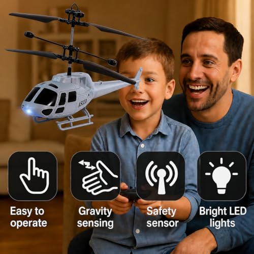 Image of KIDZYMON RC Helicopter with Hand Gravity Sensor, Flying Remote Control Helicopter Toy, Rechargeable, 3D Light & Safety Sensor for Kids Age 4+ Years, Pack of 1, Military Black Remote
