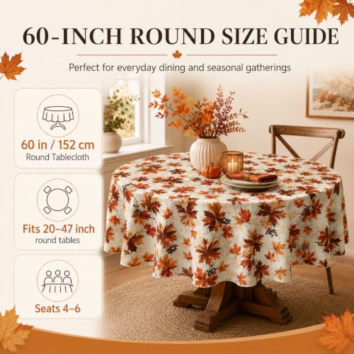 Image of Fall Round Tablecloth 60 Inch Maple Leaves Waterproof Heat Resistant Reusable Table Cloth Thanksgiving Decorations Autumn Table Cover for Holiday Kitchen Dining Party Season Decor