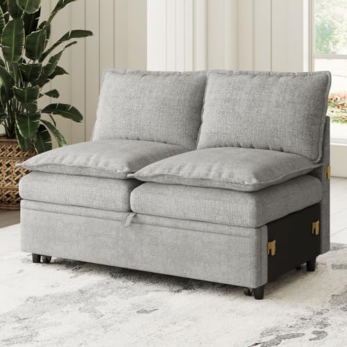 Belffin Pullout Bed Module 2-Seater Sofa with Pull Out Bed for Chenille Modular Sectional Sleeper Sofa Pullout Couch, Light Grey Light Grey Pullout Be