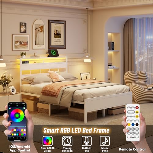 Image of Furnulem Full Size Bed Frame with LED Light and Charging Station, Wood Storage Headboard with 2-Tier Shelves, Metal Platform Bed with Heavy Duty Slats Support, No Box Spring Needed, White