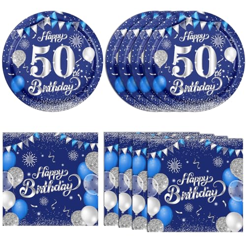 40 PCS Happy 50 Years Old Birthday Navy Blue Silver Birthday Party Disposable Tableware Kit Including 50th Birthday Paper Plates Napkins for Men Women 1976 50th Birthday Anniversary Party Supplies
