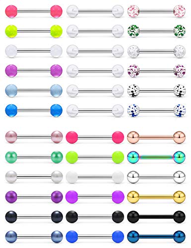 SCERRING 14G Stainless Steel Tongue Barbell Ring Nippleings Nipple Rings Shinny Acrylic Glow in Dark Opal Gilitter Balls Body Piercing Jewelry Retainer 14mm 16mm 36PCS