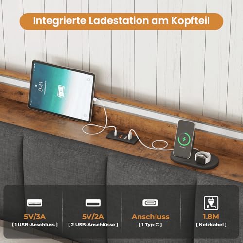 AOGLLATI Bettgestell 140x200 mit LED-Beleuchtung und USB-Ladefunktion, Metallbett Bettrahmen mit Stauraum-Kopfteil Bett mit Gepolstertem Kopfteil Jugendbett Doppelbett mit Lattenrost(140 x 200 cm) – Bild 6