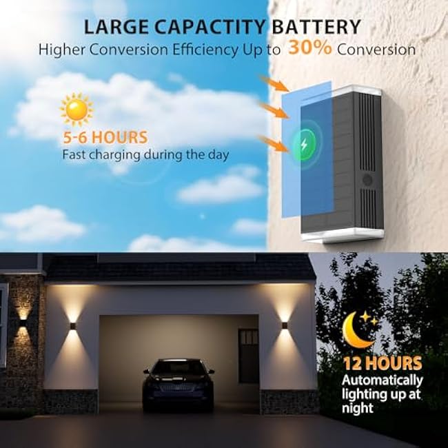Solar Wall Light Outdoor,3000/4000/6000K 3 Modes Dusk to Dawn Lighting Wall Sconce IP67 Waterproof Up and Down Solar Lights Outdoor for House, Garage, Porch,Doorway (2 Pack)
