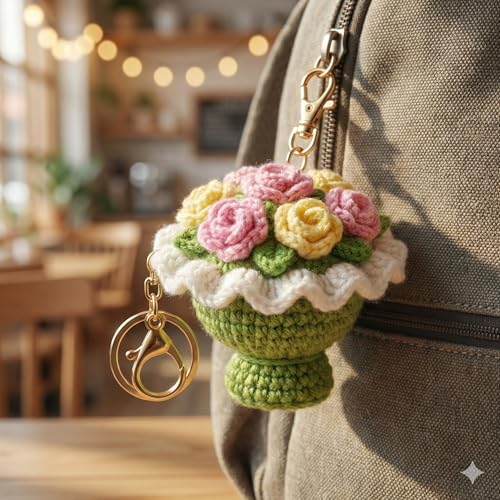Image of Handmade Crochet Flower Keychain for Bags Keys Purse Backpack Cute Aesthetic Yarn Keyring Bag Charm Handmade Soft Thread Flower Keychain for Girls Women Kids Gifting and Daily Use