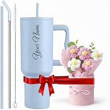1200ml Steel Insulated Tumbler with Straw | Personalized Tumbler + Crochet Flower Bouquet Gift for Birthdays, Weddings, Anniversaries – Gift for Women, Men, and Girls (Blue + Bouquet)
