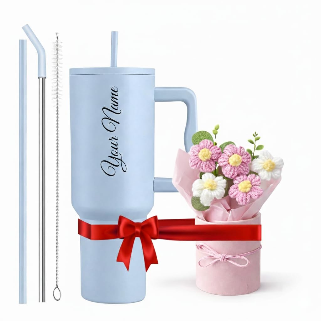 1200ml Steel Tumbler with Straw | Personalized Tumbler + Crochet Flower Bouquet Gift for Birthdays, Weddings, Anniversaries – Gift for Women, Men, and Girls (Blue + Bouquet)