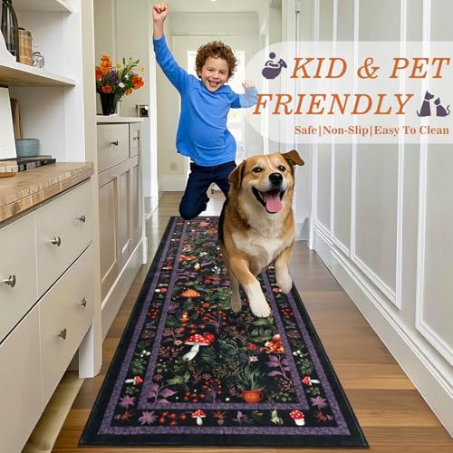 Runner Rugs for Hallway 60×180cm, Black Washable Kitchen Carpet Runner Non-Slip, Fairytale Mushroom Hall Carpet Floor Mat for Entryway Kids Bedroom Laundry Living Room Non Shedding - Image 4