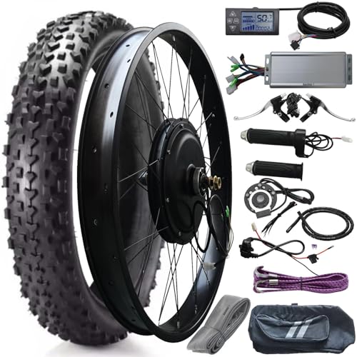 E-Bike Fat Tire Motor Wheel Conversion Kit 20/24/26in Front/Rear Drive Wheel 1kw 48V Power Controller Driver Kit Turn Bicycle to High Power Electric Bike (Black Front Wheel Drive, 26in 1000W 48V)