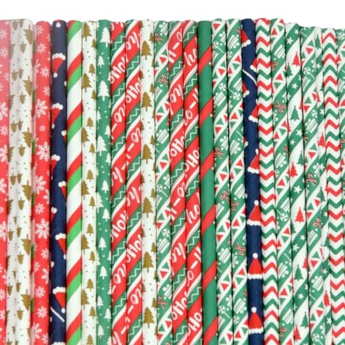 Jaydis 100 Pack Christmas Biodegradable Paper Straws 10 Styles Xmas Tree Snow Dot Stripe Drinking Straws for Thanksgiving Christmas Holiday Decoration Cake Pop Sticks