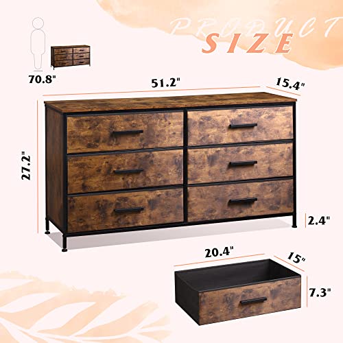 Wlive Wide Dresser With 6 Drawers, Tv Stand For 60" Tv, Fabric Double Dresser, Large Storage Tower Unit, Chest Of Drawers For Bedroom, Closet, Living Room, Hallway, Nursery, Rustic Brown #TOP2