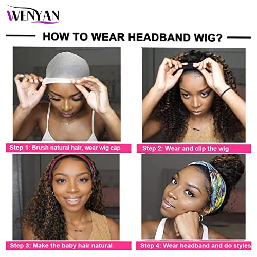 Image of Ombre Headband Wig Human Hair Deep Wave 4 /27 Highlight Glueless Wigs 12Inch | None Lace Front Curly Half Wigs for Black Women,Brazilian Virgin Hair Wear and Go Wig,Machine Made,150% Density