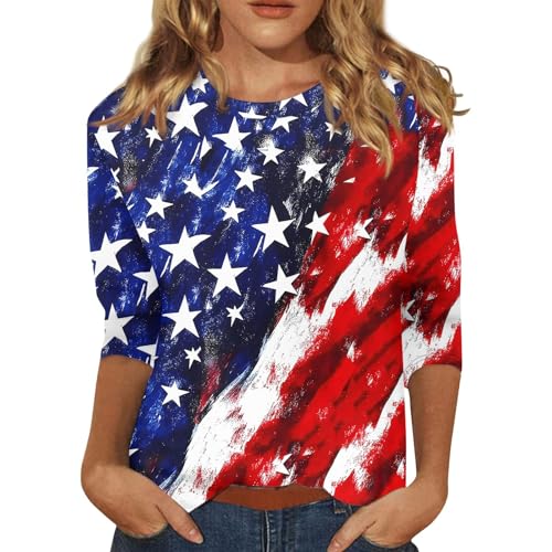 4th of July Shirts 3/4 Length Sleeve Womens Tops Plus Size Funny Going Out Tee Shirt Independence Day Crewneck American Flag Shirt Outfits Red 3XL