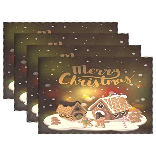 Promini Juego de 4 manteles Individuales de Navidad con diseño de Casas de Jengibre, Antideslizantes, Lavables y Resistentes al Calor, 12 x 18 Pulgadas