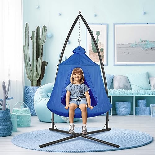 Arlopu Hanging Hammock X-Stand w/Tree Tent, Indoor Metal Swing Chair w/Play Tent, Outdoor Egg Basket Patio Seat, Porch Bedroom Balcony Chair w/Adjustable Solid Stand (Blue)