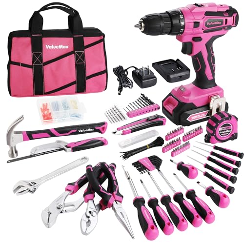 ValueMax Home Tool Kit with Cordless Lithium-ion Drill, 237-Piece Pink Tool Set, Power Tool Set with Wide Mouth Open Storage Bag, Basic Drill Sets Combo Kit for DIY and Daily Repair by ValueMax - Used condition - US$67.31