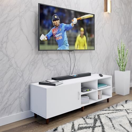 Image of VIKI Modern TV Unit for Living Room | Engineered Wood TV Cabinet with 1 Door Storage & 2 Open Shelves, Set Top Box Stand, Entertainment Unit, 140W x 48H x 40D cm | DIY | 1 Year Warranty (White)