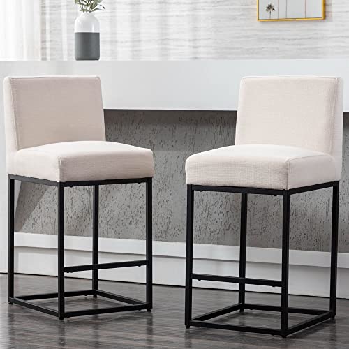 VESCASA Linen - Taburetes de bar de 27 pulgadas de altura de mostrador con respaldo acolchado, sillas tapizadas modernas con marco de metal negro para isla de cocina, juego de 2, color crema
