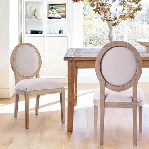 Lewahom Dining Chairs Set of 2, Vintage Farmhouse Country Dining Chairs with Round Back, Upholstered French Style Wood Dining Chairs, Solid Wood Beige Fabric Chairs for Dining Room, Living Room, Patio Cover