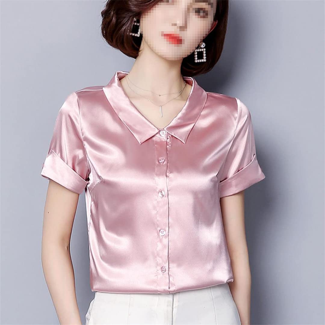 Camisa con Botones para Mujer, Manga Corta, Cuello en V, Blusa de Negocios para el Camisas de Seda Satinada