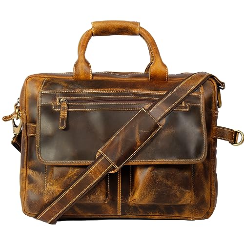 Leather Briefcase For Men Business Travel Messenger Bags Laptop Case Men Genuine Buffalo Leather Briefcase Messenger Bag Attache Case Laptop Bag Men Pilot Flight Bag (Shadded Tan)