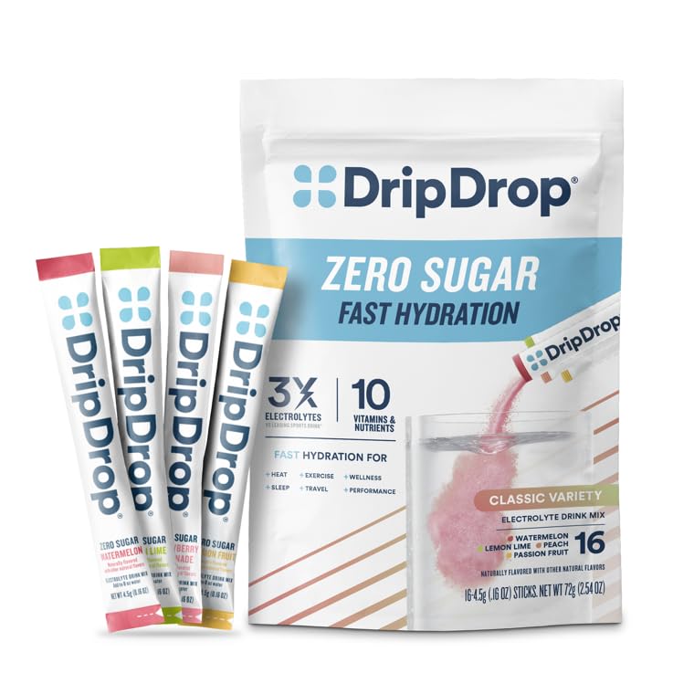 dripdrop sugar free hydration packets - zero classic variety pack - single serve electrolytes powder drink mix - lemon lime watermelon peach passion fruit - non-gmo gluten free vegan - 16 sticks