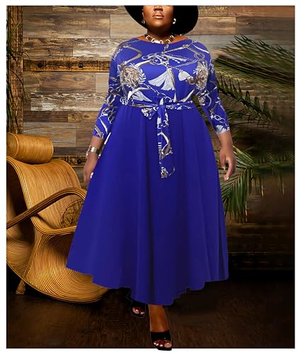 Image of Hostoyo Women Plus Size Formal A Line Maxi Dress Self Tie Waist with Pockets Elegant Round Neck Swing Long Dresses