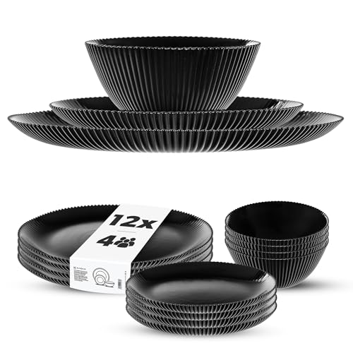KADAX Vajilla para 4 personas, 12 piezas, de cristal opal negro, con cuencos para sopa, platos llanos y platos de postre, apto para lavavajillas (negro)