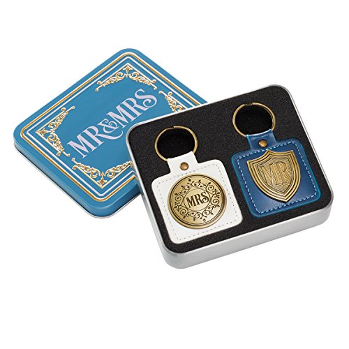 Image of Blue /White Faux Leather Scripture Keychain Set for Bride and Groom | Mr. /Mrs. Greatest of These is Love 1 Corinthians 13:13 Bible Verse | Set /2 His and Hers Keychains w /Metal Emblems