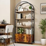 Jehiatek Arched Bookshelf with Storage Cabinet 71 Inch Tall Industrial Bookcase 5 Tier Open Display Shelf with Hidden Storage Rustic Wood and Metal Bookshelf for Living Room Bedroom Home Office
