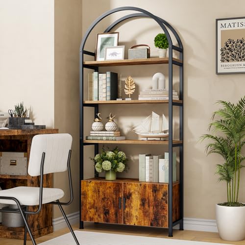 Jehiatek Arched Bookshelf with Storage Cabinet 71 Inch Tall Industrial Bookcase 5 Tier Open Display Shelf with Hidden Storage Rustic Wood and Metal Bookshelf for Living Room Bedroom Home Office