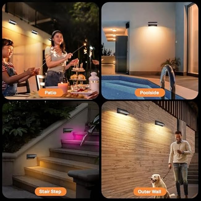 Solar Deck Lights 4 Pack Outdoor Waterproof - Step Lights for Stairs & Fence, 8 Color Changing Security Lighting with Auto On/Off, Wall Lights for Patio/Yard/Pathway (Warm/Cool White + RGB)