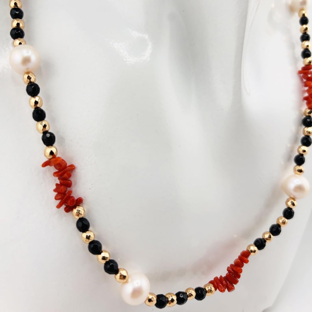 Generico Collana lunga 80 cm sfere in onice nero cupolini in corallo rosso naturale del Mediterraneo ematite e perla naturali di acqua dolce gioiello artigianale da donna ragazza