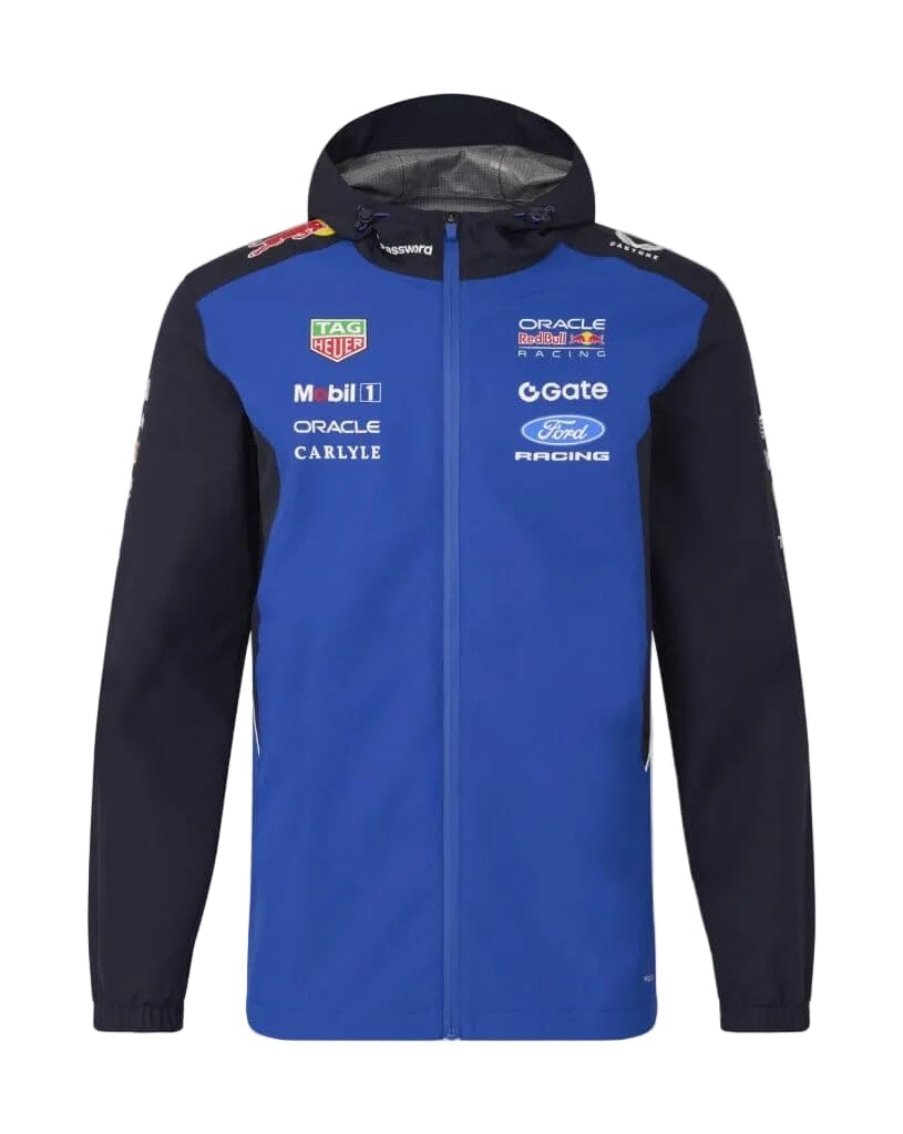 Red Bull Racing F1 Team, Official Castore 2026 Merchandise, Water Resistant Full Zip Rain Jacket, Navy Blue and Racing Blue