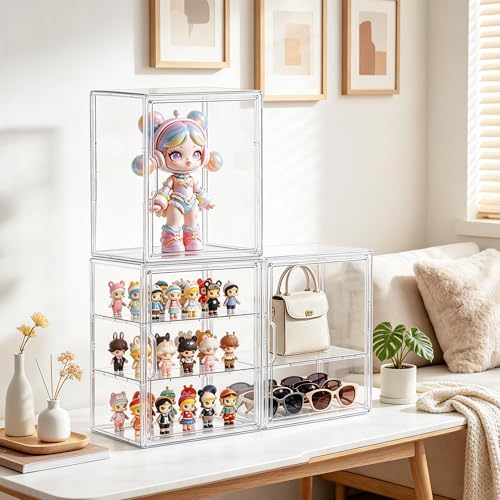 Image of Attelite Acrylic Display Case for Collectibles,Clear Storage Bin with 3 Adjustable Layers, Stackable Storage Box with Magnetic Door for Figures, Home Office,Large,3 Tier Clear Storage Bin,1Pack