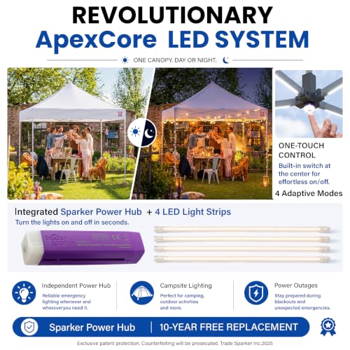 Image of Tradesparker 10x10 Pop Up Canopy Tent,Commercial Movable Canopy with ApexCore LED&Rugged Casters-Instant Easy Setup Shelter Canopies with Weight Bags&Stakes for Outdoor Events Markets Vendors,White