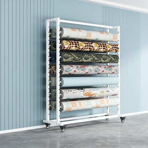 Large Mobile Textile Fabric Storage Rack with Adjustable Hanging Rod & Brakeable Wheels, Heavy Duty Commercial Organizer Holder for Vinyl Rolls/Leather Rolls/Window Film/Wallpaper Displays(18 rods,180