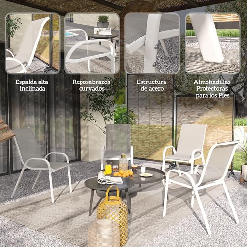 Miniatura 6 de Outsunny Juego De 4 Sillas De Jardín Exterior, Sillas Terraza Exterior Apilables, Sillas De Jardín Con Tela Transpirable, Marco De Acero, Reposabrazos Y Respaldo, 54x71x93 Cm, Gris Y Blanco
