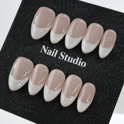 Handmade Press on Nails Short Almond Ombre French Tip Press on Nails Nude, Glossy Gradient White French Fake Nails, Reusable Full Cover Acrylic False Nails for Women, 10PCS(S)